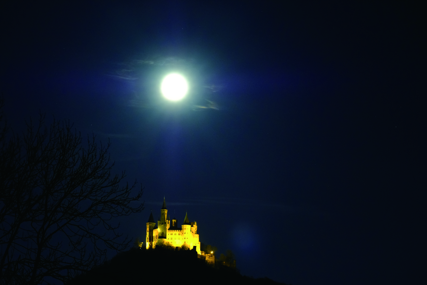 Nachtaufnahme eines Schlosses über das der Mond leuchtet