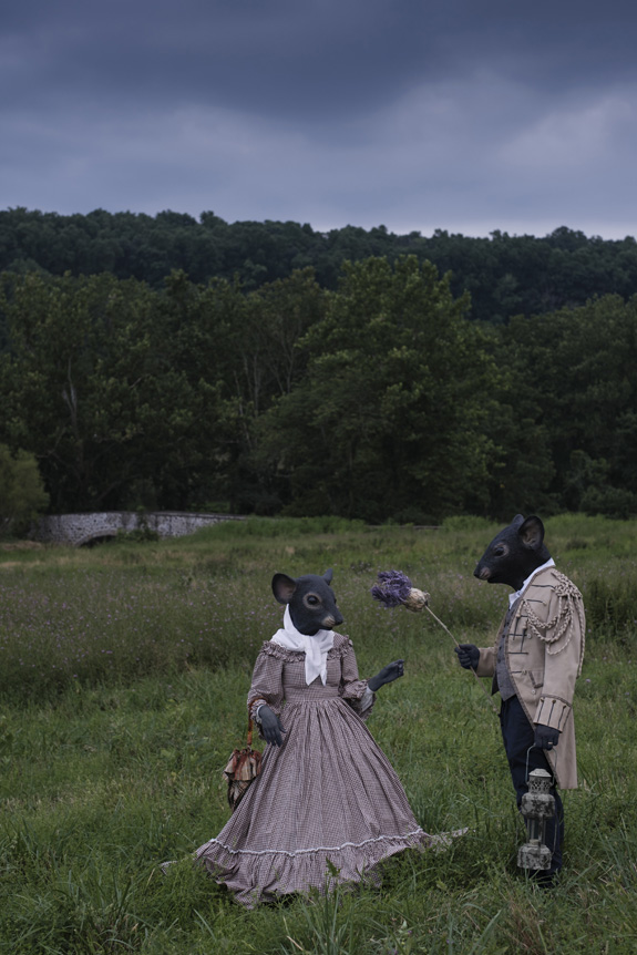FUJIFILM Creators talk about how a lend can affect your message. Claire Rosen makes a fantasy image of two life-sized mice dressed in formal period attire in a field at dusk.