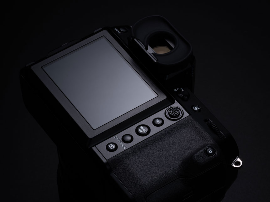 FUJIFILM GFX100S camera. Image showing rear LCD and focus lever
