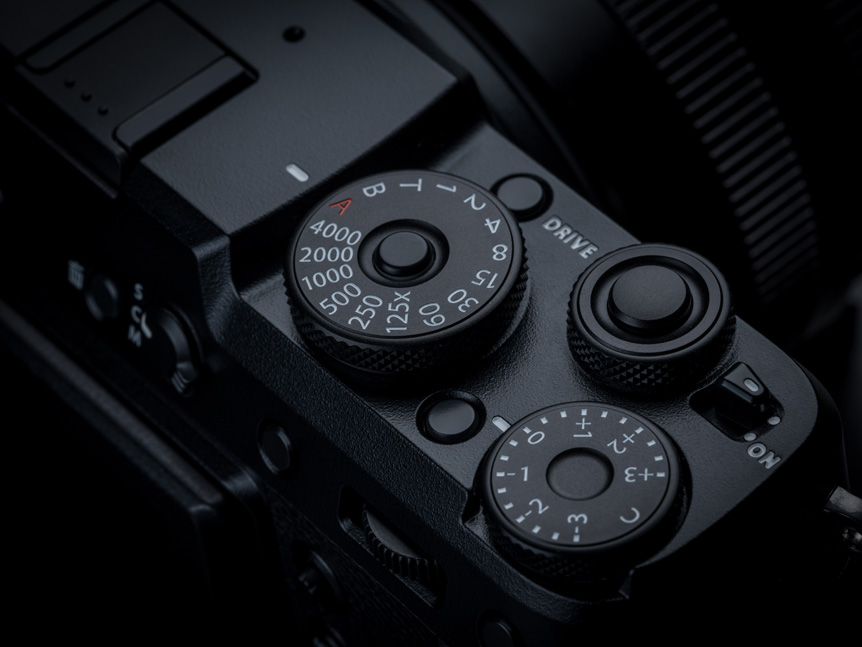 FUJIFILM GFX50R camera, image showing top plate dials - shutter speed dial and exposure compensation dial