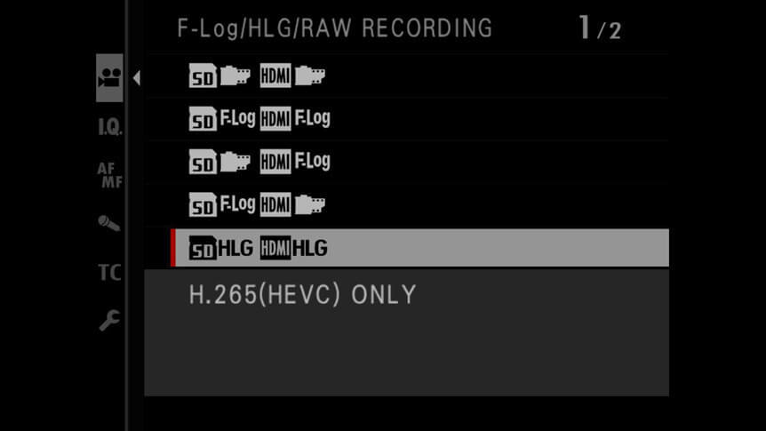 FUJIFILM GFX100 menu displaying the HLG recording options