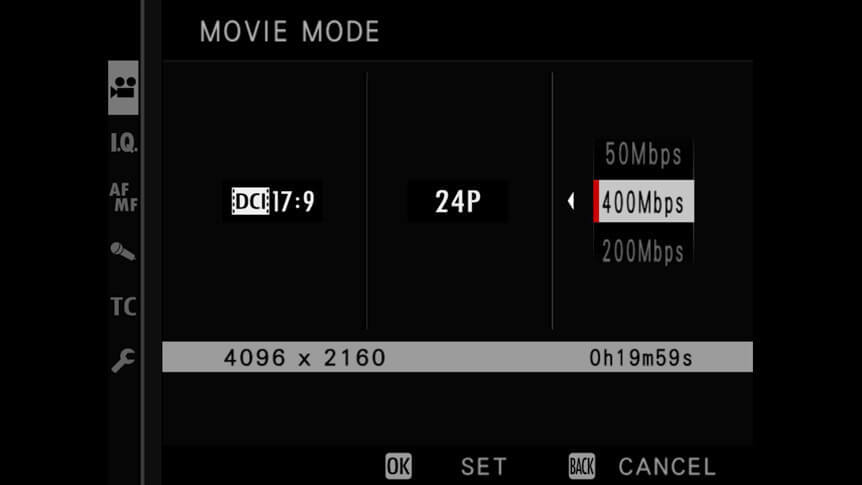 FUJIFILM GFX100 menu displaying Movie Mode