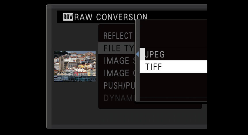 A FUJIFILM camera display showing the raw conversion menu