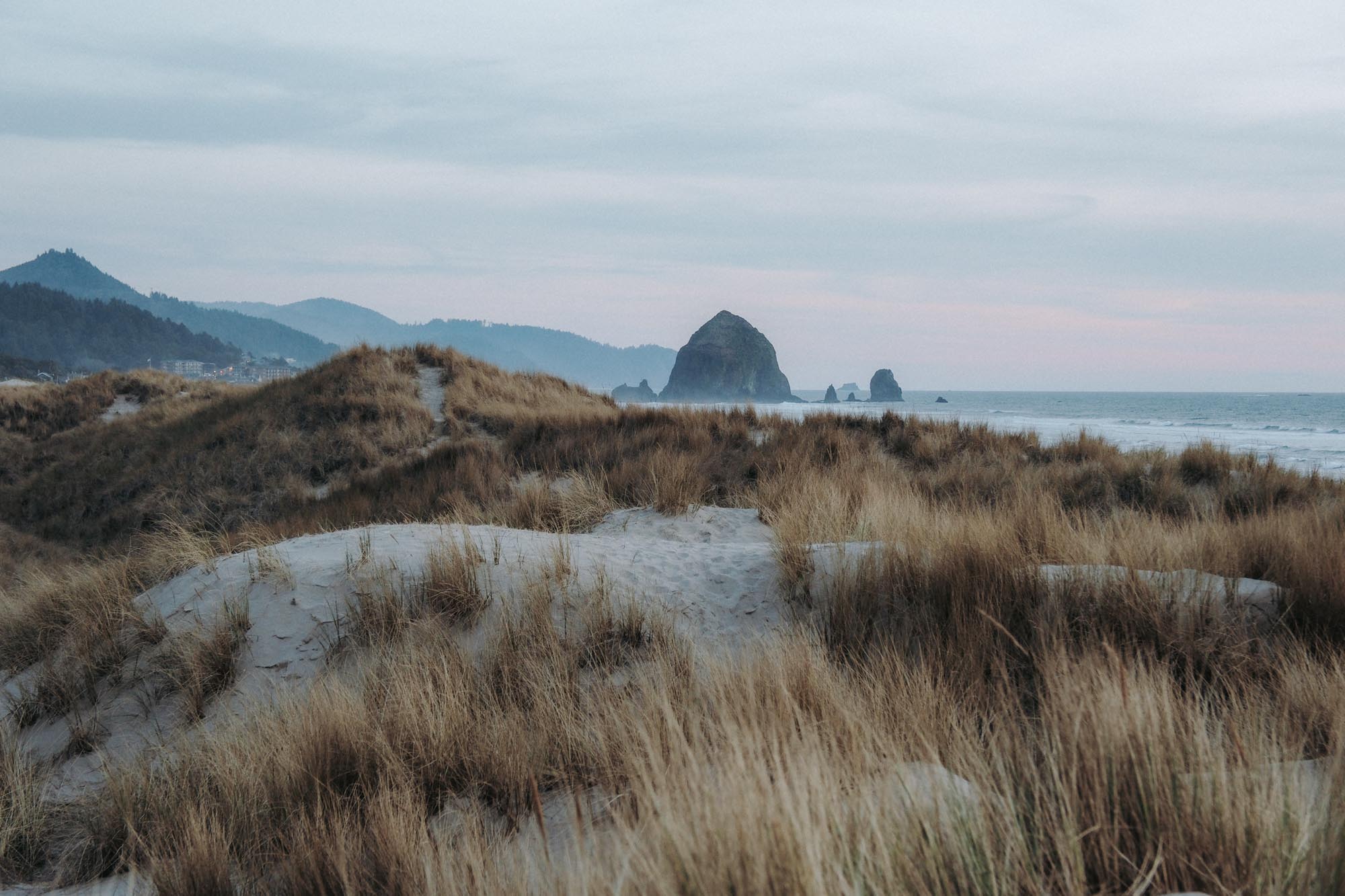 A long shot of the Oregon coast, muted and grey