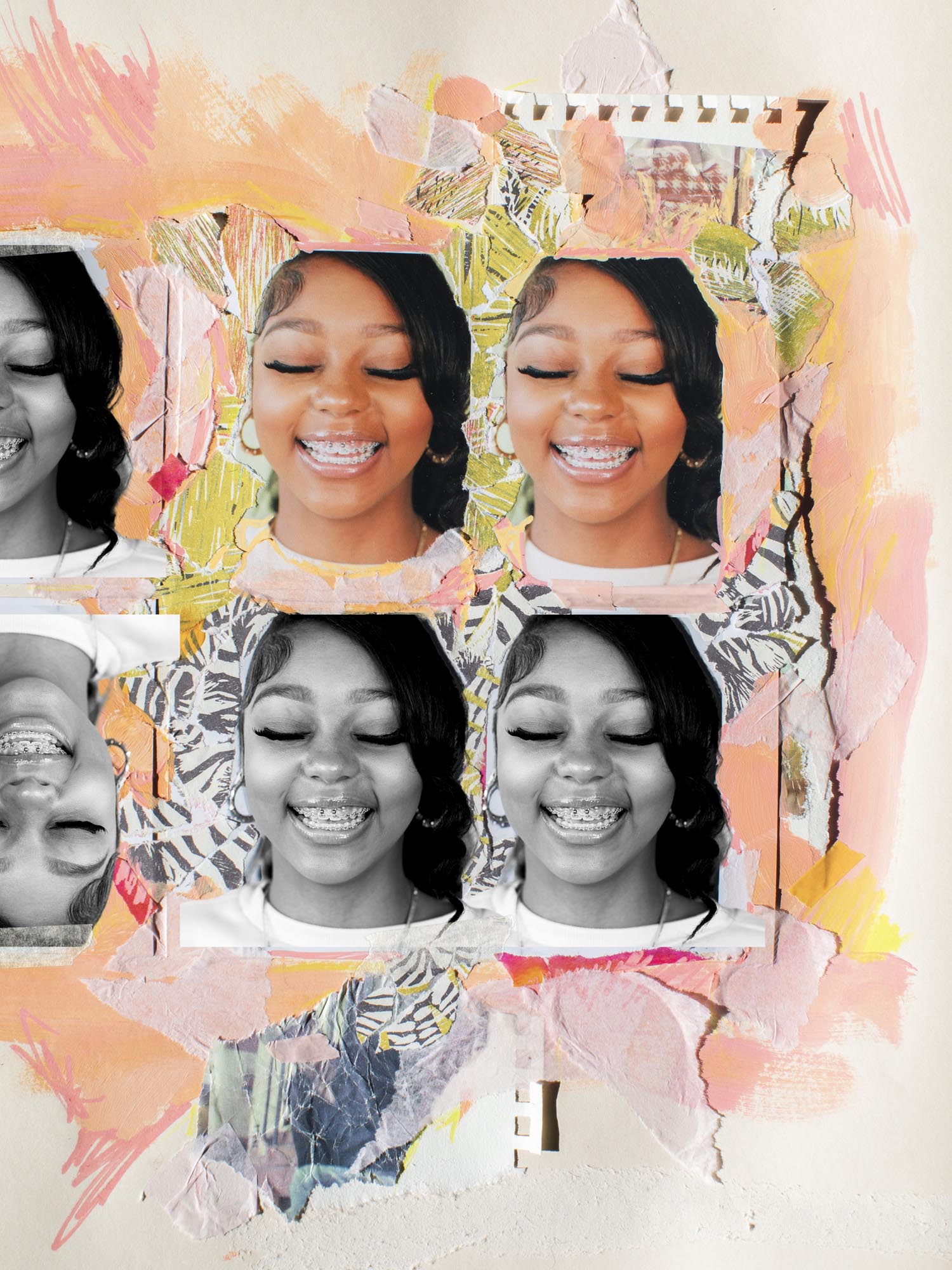 Collage peach of black woman smiling eyes closed