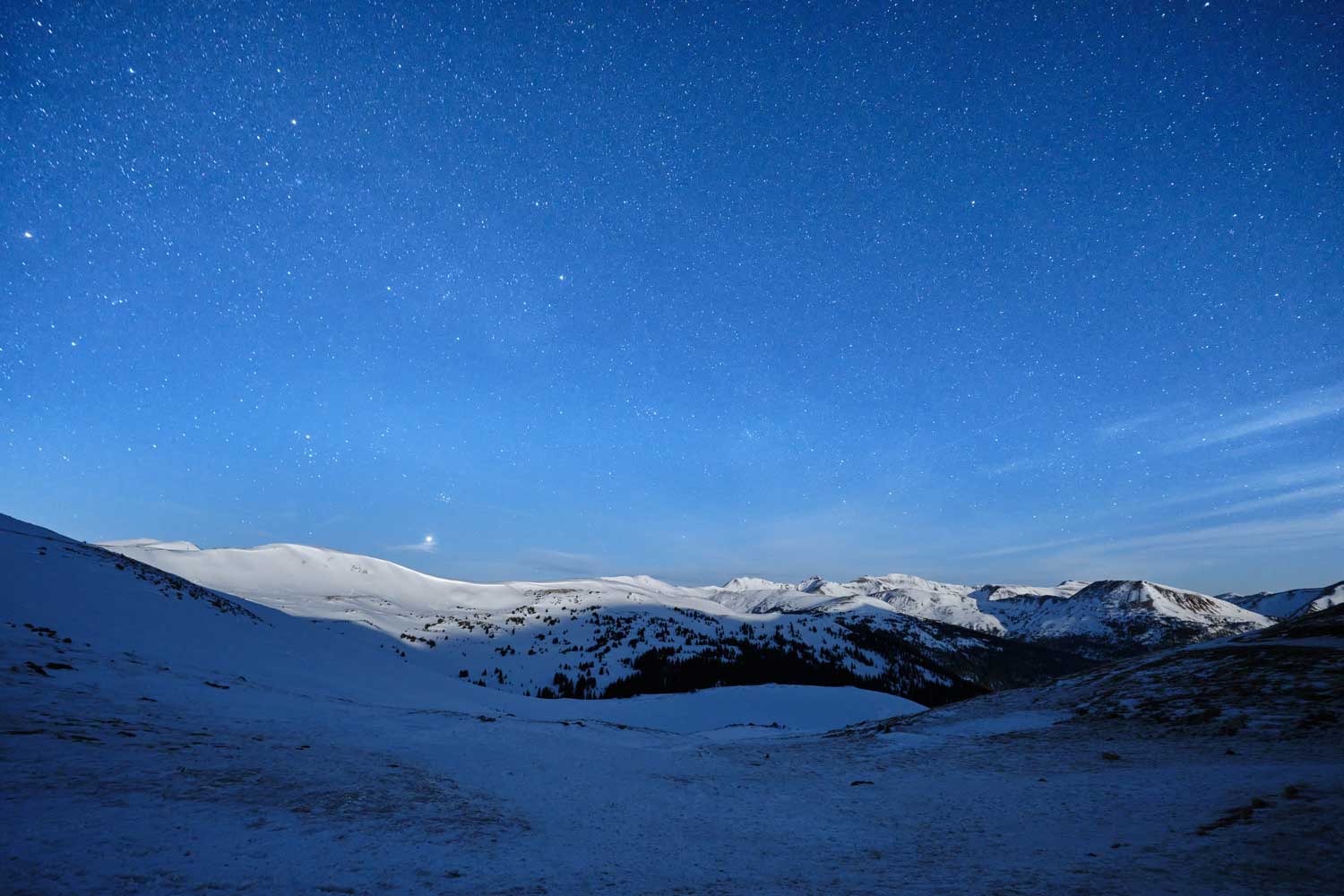 Astro photograph of distant snowy mountains at night below starry sky.