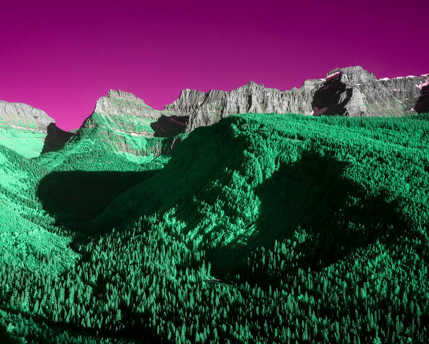Dense green forest leading to mountain, under magenta sky