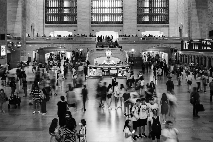 Grand Central Station with blurred crowd moving through frame