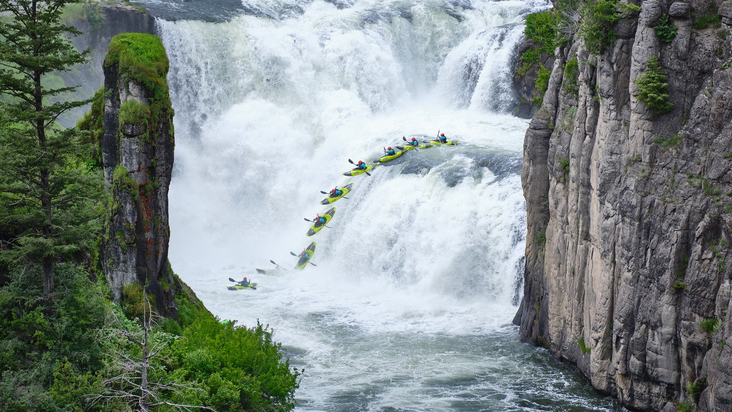 Darby McAdams kayaking Lower Mesa Falls on the Henry's Fork River in Idaho.